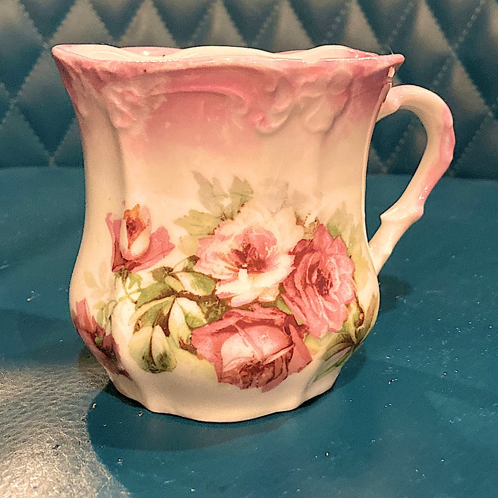 Vintage Antique Victorian Huge Bold Pink Roses Flower Porcelain Shaving Mug Cup